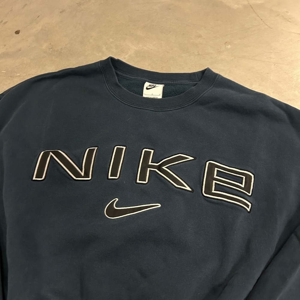 Nike Women Large Blue Cropped Spellout Logo Sweatshirt Oversized Fleece Pullover